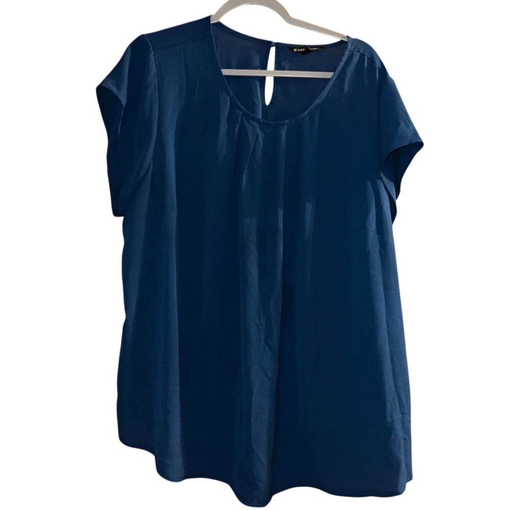 41 Hawthorn Blouse 3X Blue Short Sleeve Pleated Neck Keyhole Back Top